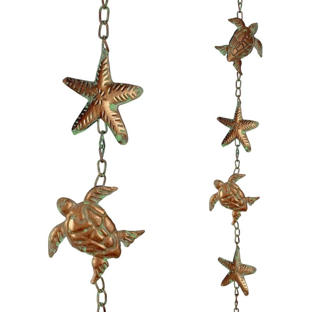 Sea Turtle Starfish Rain Chain 84 Inch Metal Copper Verdigris Garden Decor